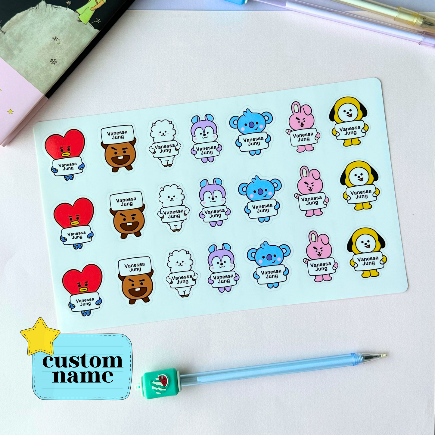 Custom BT21 Name Label Waterproof Sticker, Set of 21 Vinyl Waterproof Stickers