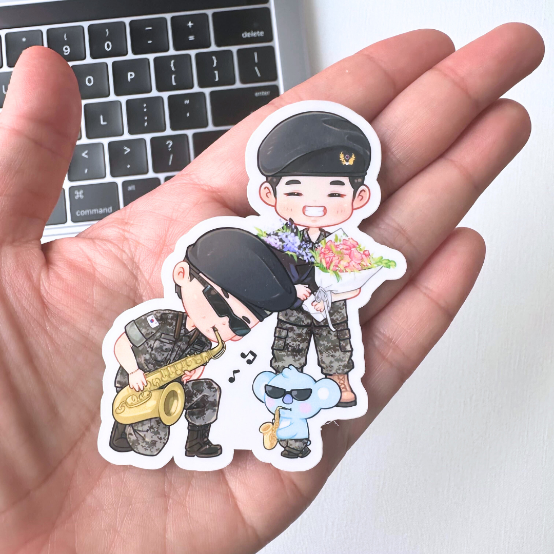 Namjoon Saxophone and Taehyung Military Discharge Welcome Vinyl Waterproof Sticker