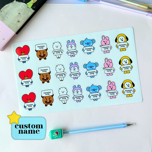 Custom BT21 Name Label Waterproof Sticker, Set of 21 Vinyl Waterproof Stickers